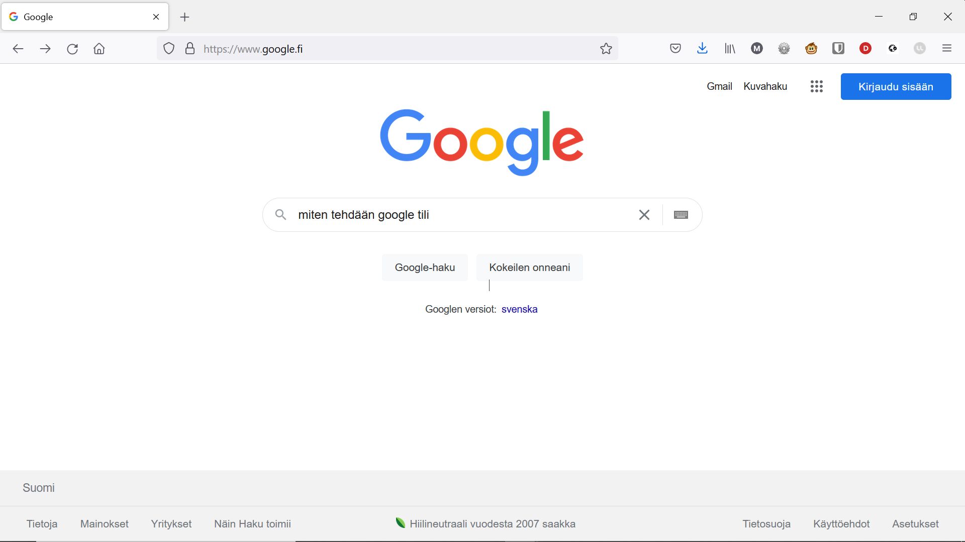 Googlesivu jossa osoitekenttään kirjoitettu google.fi